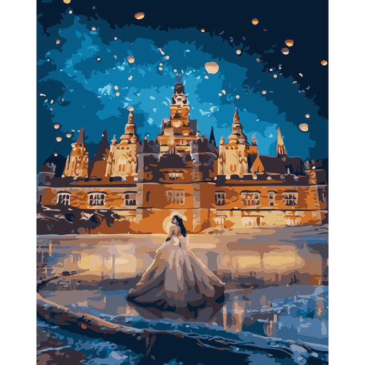 Woman wearing a dress and large building