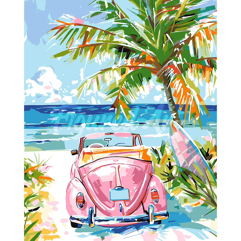 Pink Car by the Sea