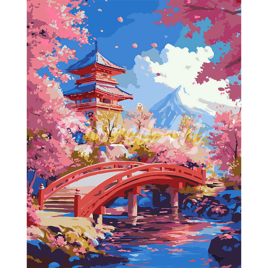 Red Bridge and Cherry Blossoms
