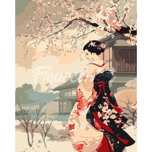 Vintage Winter Geisha Scene