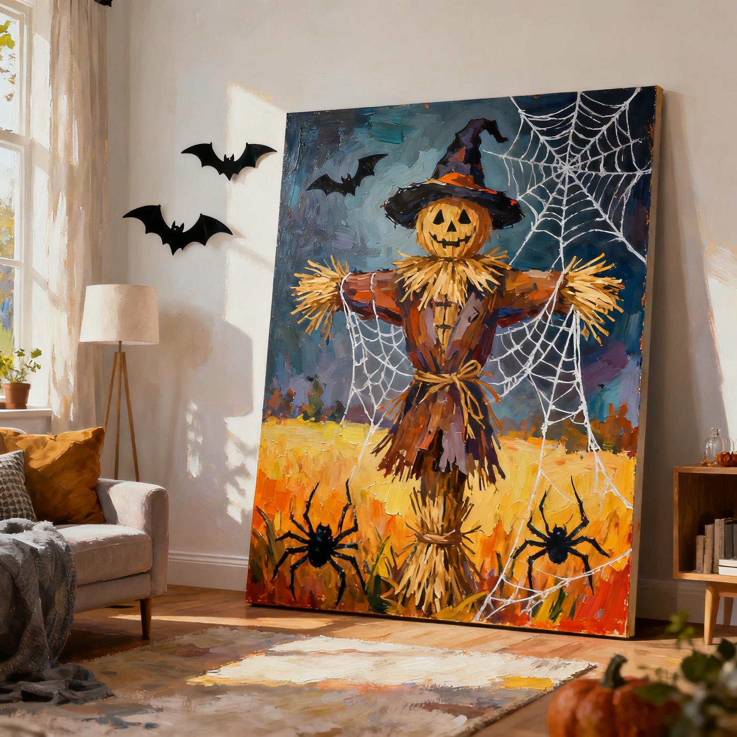 Scarecrow covered with spider webs - Paint by Numbers