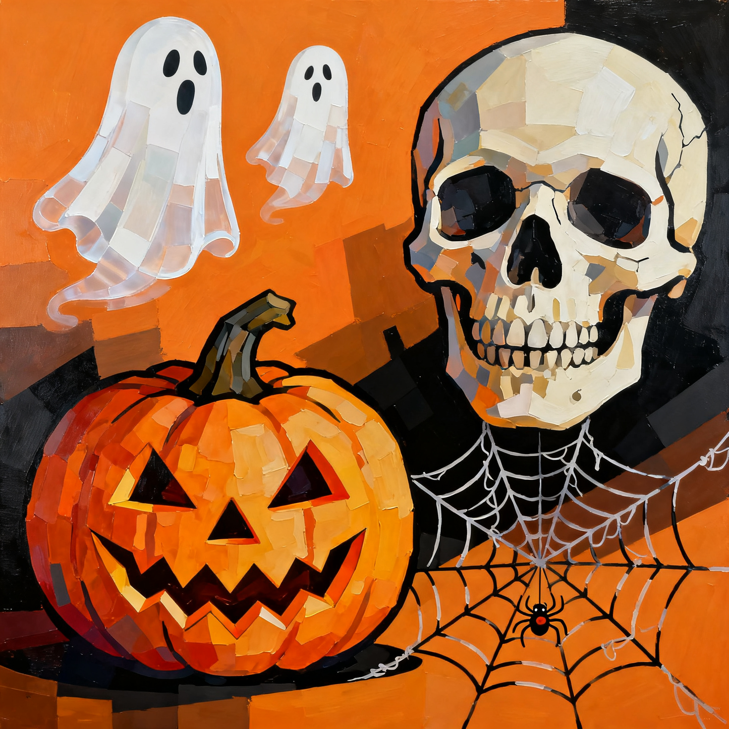 Pumpkin, skull, white ghost - Paint by Numbers