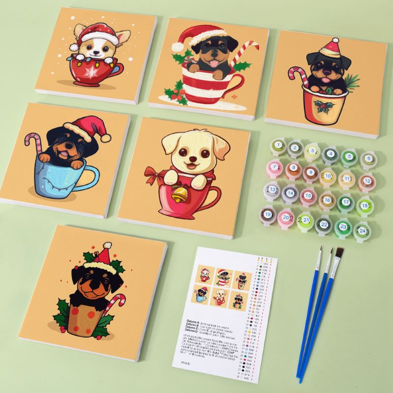 Malen nach Zahlen - 6 Mini- Gem?lde | Weihnachtshunde Set