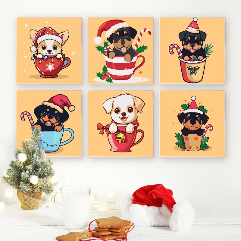 Malen nach Zahlen - 6 Mini- Gem?lde | Weihnachtshunde Set