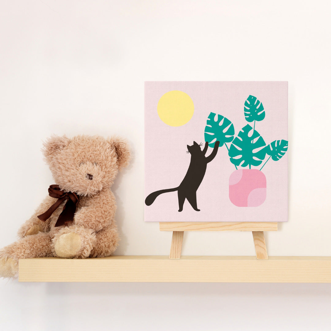 Mini-Malen nach Zahlen 8x8 gerahmt - Katze spielt mit Monstera