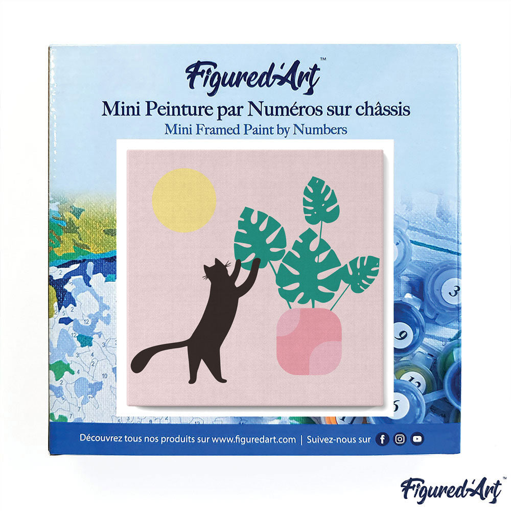 Mini-Malen nach Zahlen 8x8 gerahmt - Katze spielt mit Monstera