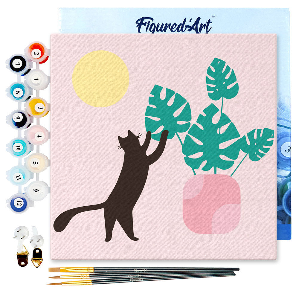 Mini-Malen nach Zahlen 8x8 gerahmt - Katze spielt mit Monstera