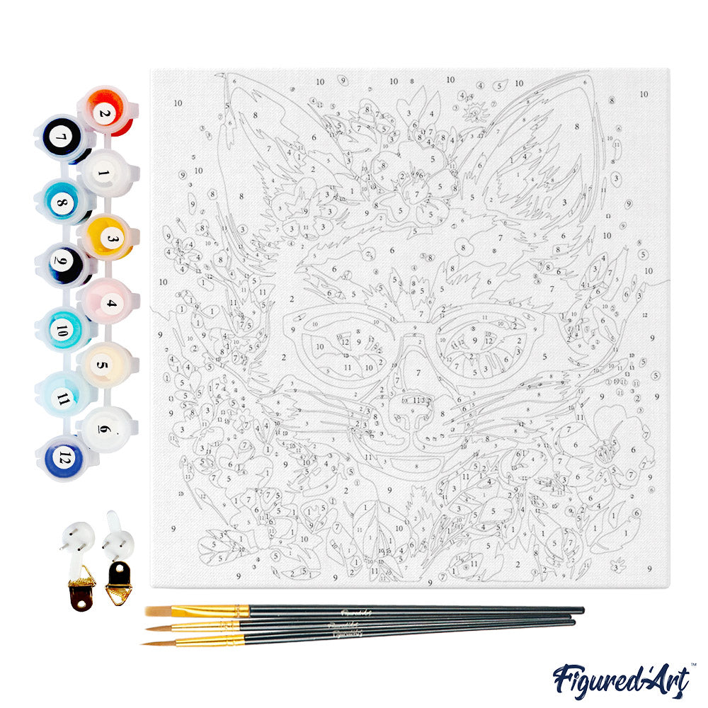 Mini-Malen nach Zahlen 8x8 gerahmt - Fantasy-Fuchs und Blumen