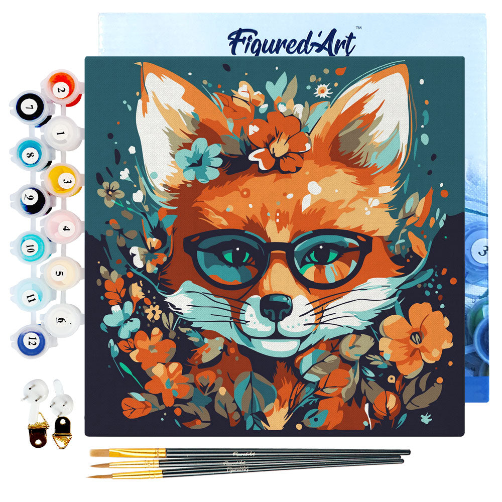 Mini-Malen nach Zahlen 8x8 gerahmt - Fantasy-Fuchs und Blumen