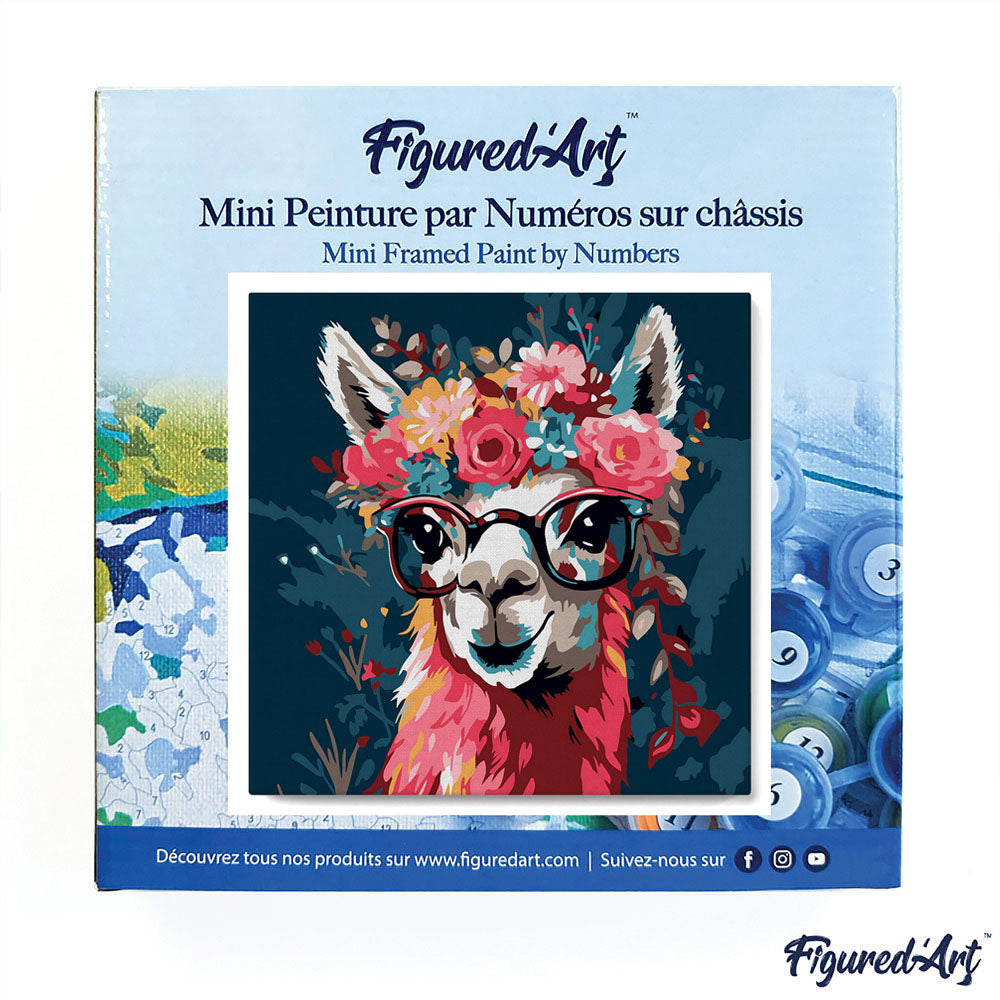 Mini-Malen nach Zahlen 8x8 gerahmt - Fantasy-Lama und Blumen