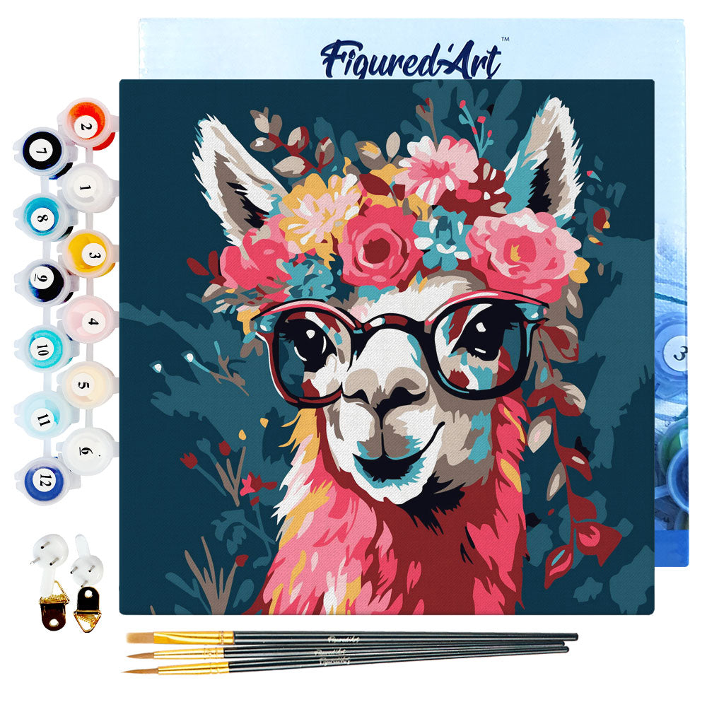 Mini-Malen nach Zahlen 8x8 gerahmt - Fantasy-Lama und Blumen