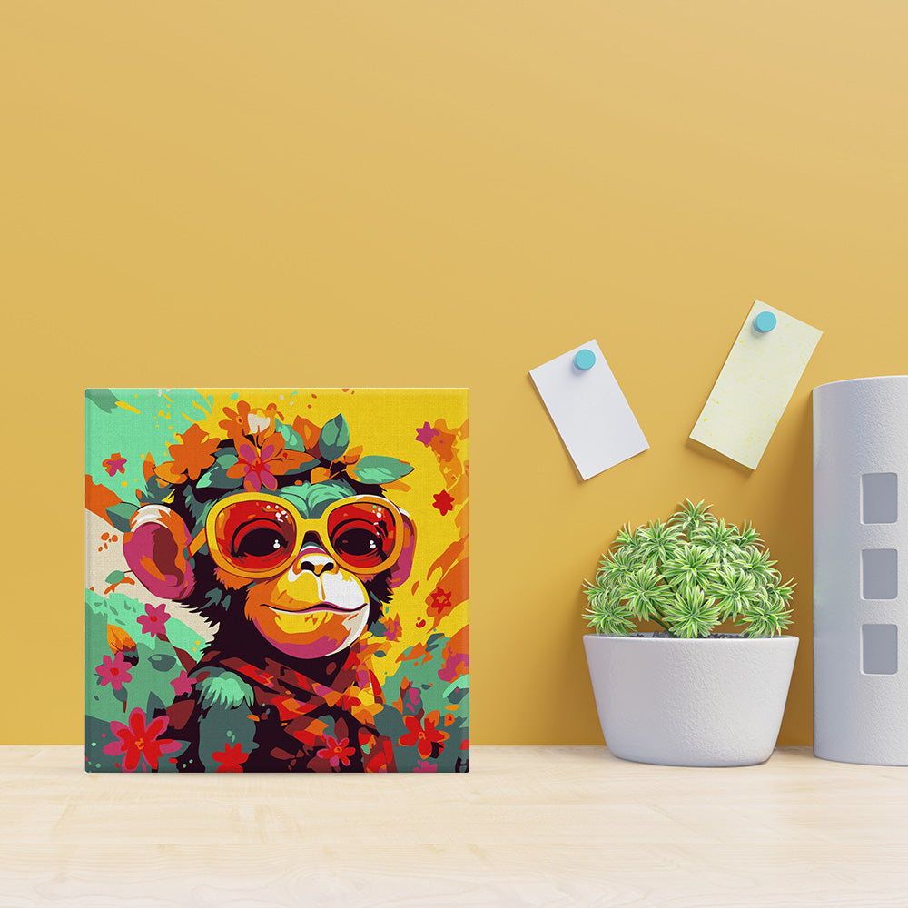 Mini-Malen nach Zahlen 8x8 gerahmt - Fantasy-Affe und Blumen