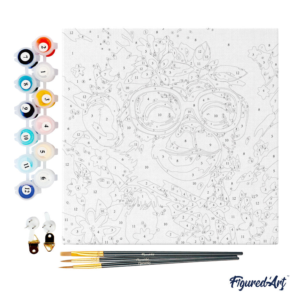 Mini-Malen nach Zahlen 8x8 gerahmt - Fantasy-Affe und Blumen