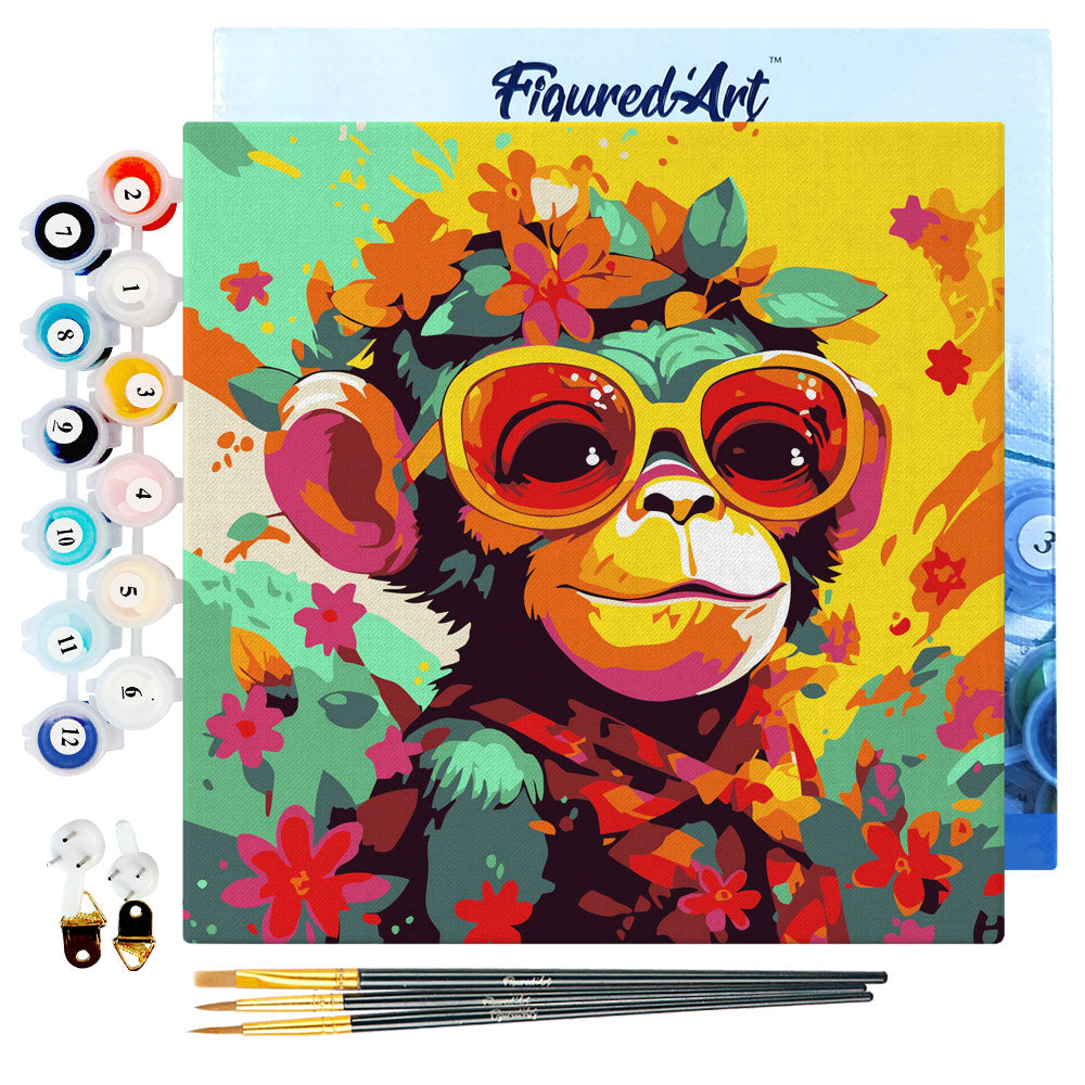 Mini-Malen nach Zahlen 8x8 gerahmt - Fantasy-Affe und Blumen