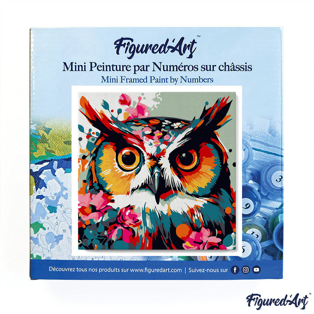 Mini-Malen nach Zahlen 8x8 gerahmt - Fantasie-Eule mit Blumen