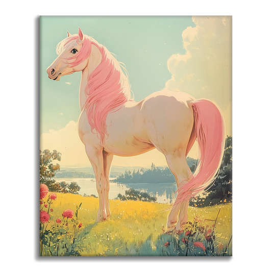 Rosa Pferd blickt auf den Horizont - Malen nach Zahlen