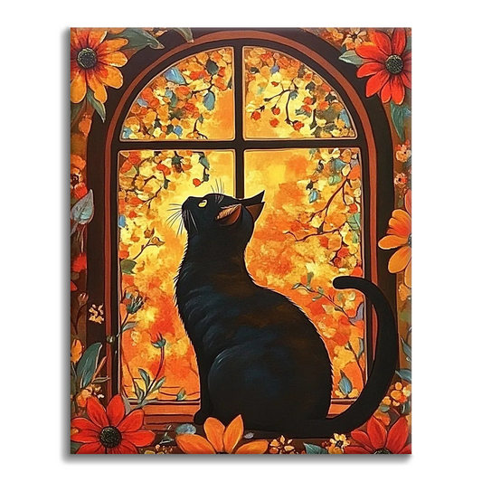 Katze vor Blumenfenster - Malen nach Zahlen