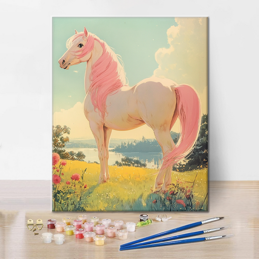 Rosa Pferd blickt auf den Horizont - Malen nach Zahlen