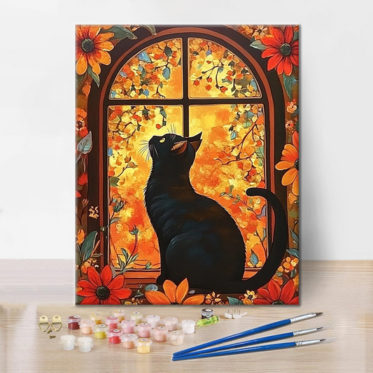 Katze vor Blumenfenster - Malen nach Zahlen