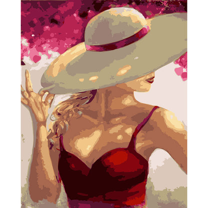 Woman with Hat and Red Dress