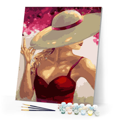 Woman with Hat and Red Dress