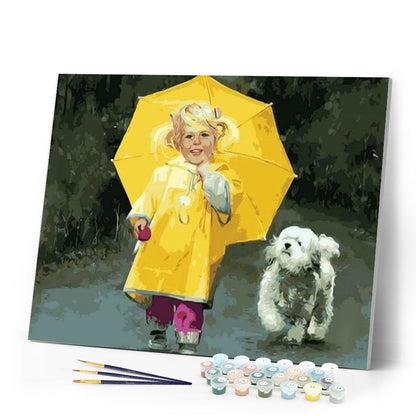 Little Girl in Yellow and Small Dog