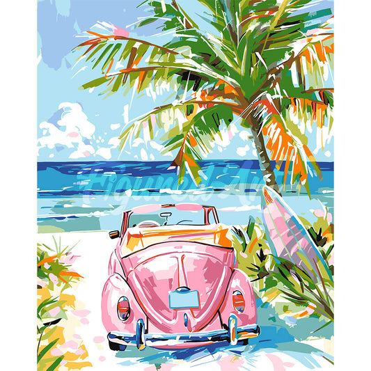 Pink Car by the Sea