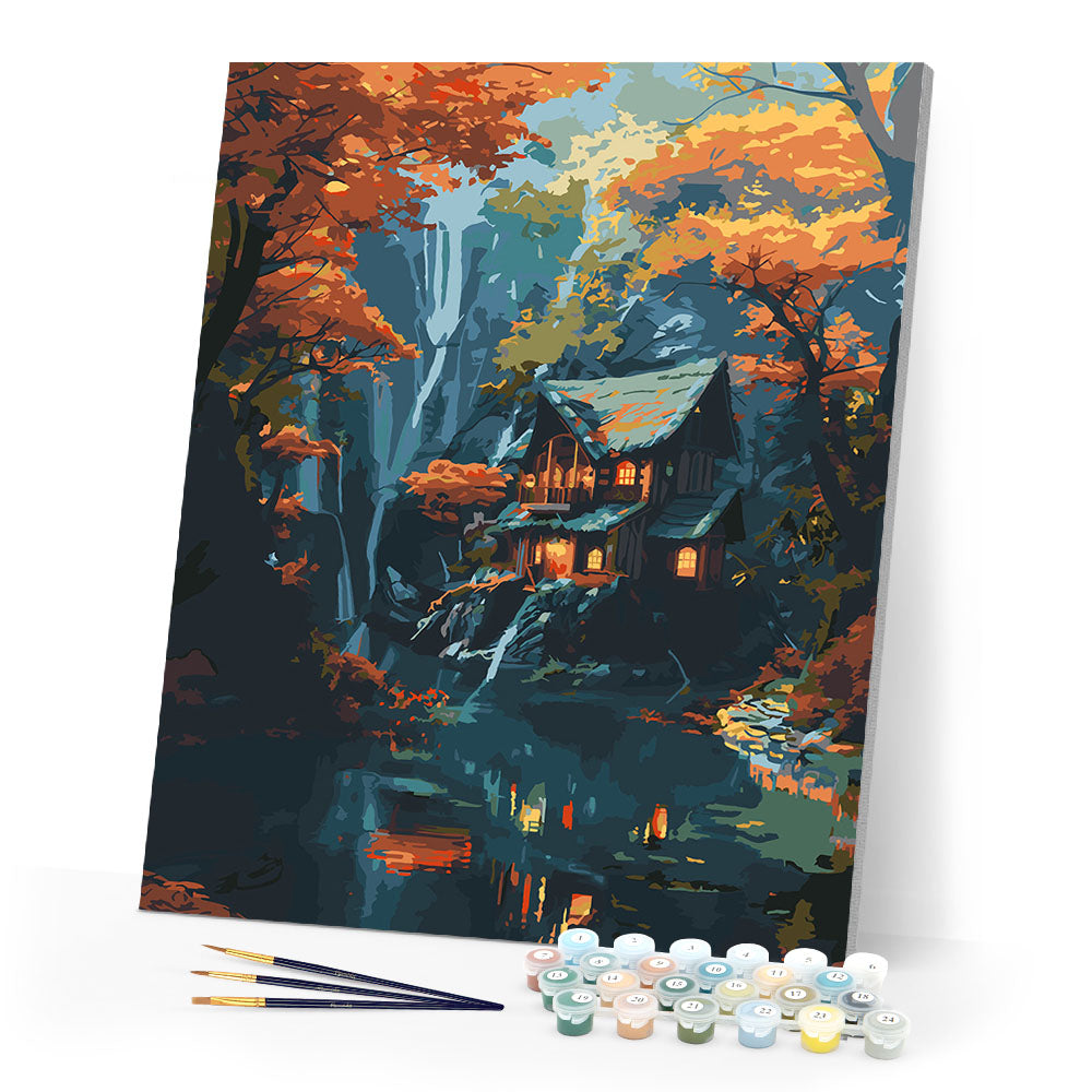 Fall Cabin by Waterfall