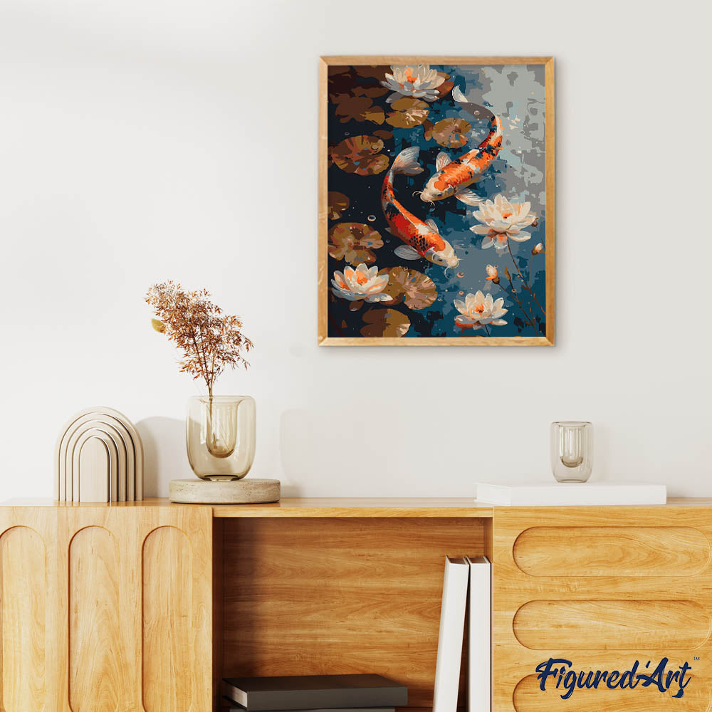 Vintage Koi-Karpfen und Blumen