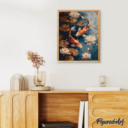 Vintage Koi-Karpfen und Blumen