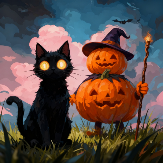 Black Cat and Pumpkin Wizard - Paint by Numbers