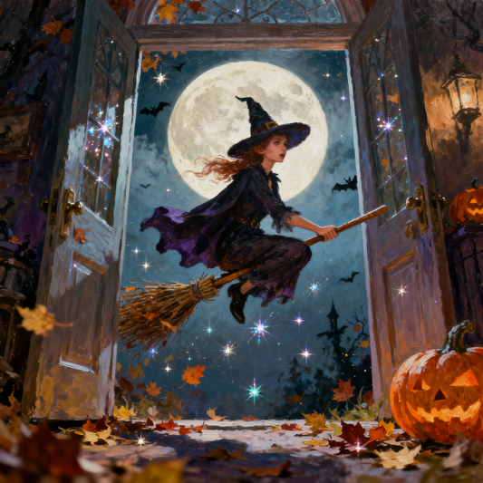 Witch flying in on a broom - Paint by Numbers