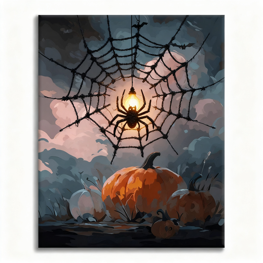 Spider web lantern on pumpkin - Paint by Numbers