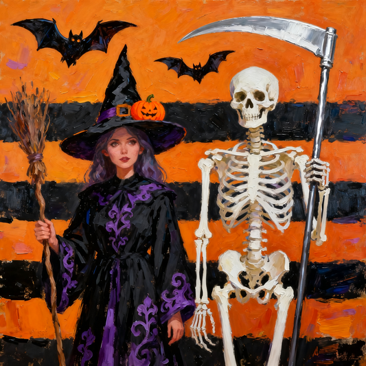 Witch taking photo with skeleton - Paint by Numbers