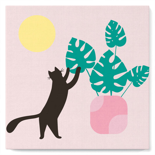 Mini-Malen nach Zahlen 8x8 gerahmt - Katze spielt mit Monstera