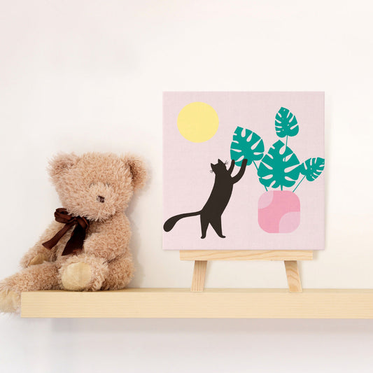Mini-Malen nach Zahlen 8x8 gerahmt - Katze spielt mit Monstera