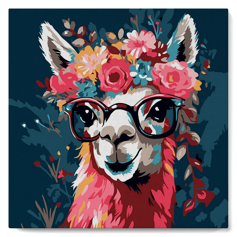 Mini-Malen nach Zahlen 8x8 gerahmt - Fantasy-Lama und Blumen