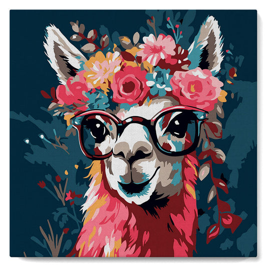 Mini-Malen nach Zahlen 8x8 gerahmt - Fantasy-Lama und Blumen