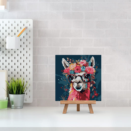 Mini-Malen nach Zahlen 8x8 gerahmt - Fantasy-Lama und Blumen