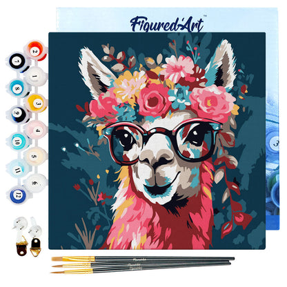 Mini-Malen nach Zahlen 8x8 gerahmt - Fantasy-Lama und Blumen