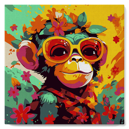 Mini-Malen nach Zahlen 8x8 gerahmt - Fantasy-Affe und Blumen