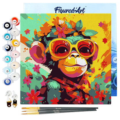 Mini-Malen nach Zahlen 8x8 gerahmt - Fantasy-Affe und Blumen