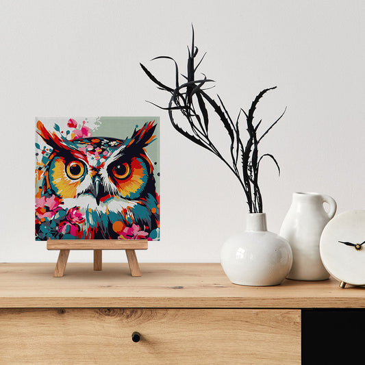 Mini-Malen nach Zahlen 8x8 gerahmt - Fantasie-Eule mit Blumen