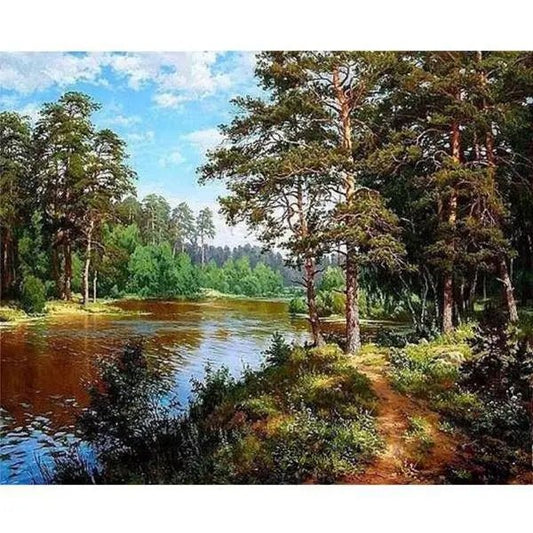 Gemälde eines Flusses und eines Waldes